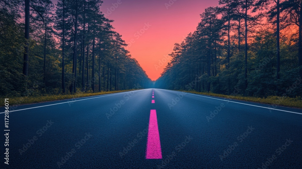 Poster serene empty road at dusk surrounded by lush green forest and vibrant skies showcasing the tranquili