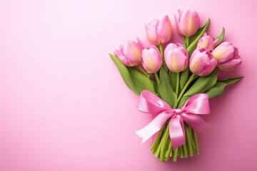 Fototapeta premium A stunning bouquet of pink tulips tied with a delicate pink ribbon, radiating love and warmth, perfect for celebrating Valentine's Day.