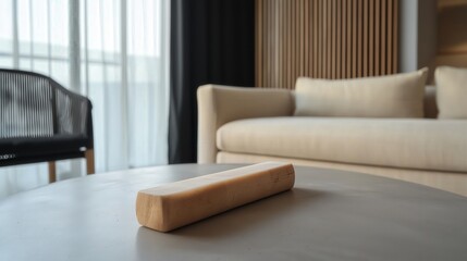 Generative AI, Minimalist living room with cream boucle sofa and modern rattan armchair