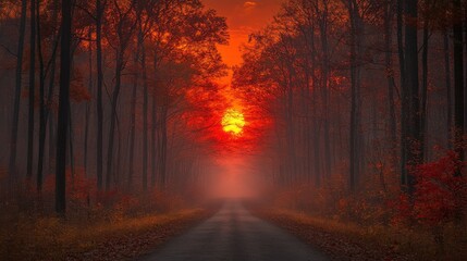 Obraz premium Majestic Autumn Sunset in a Forest Pathway Surrounded by Colorful Foliage and Soft Mist Highlighting the Tranquility of Nature