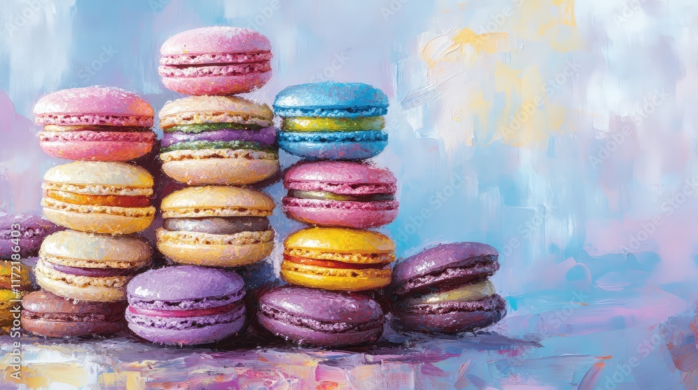 Poster a colorful stack of macarons, placed on a pastel-colored background with ample room for text.