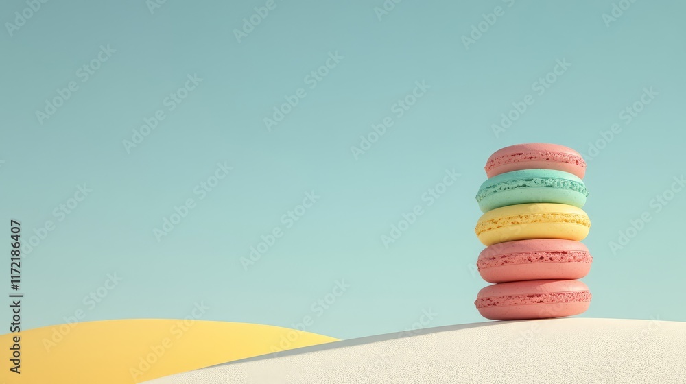 Poster a colorful stack of macarons, placed on a pastel-colored background with ample room for text.