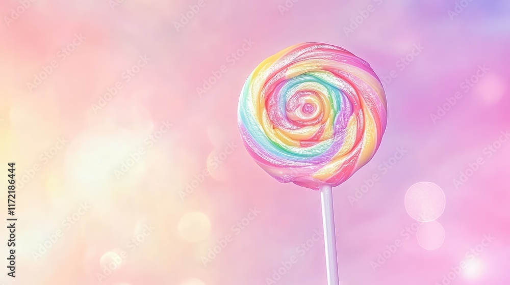 Aufkleber a colorful swirl lollipop placed on a pastel background with ample negative space.