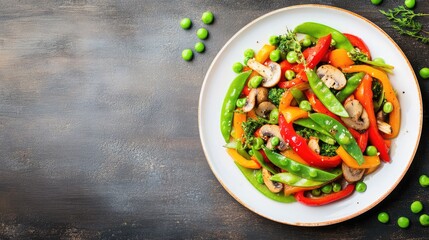 A colorful vegetable stir-fry with bell peppers, snap peas, and mushrooms served on a white plate with ample room for text.