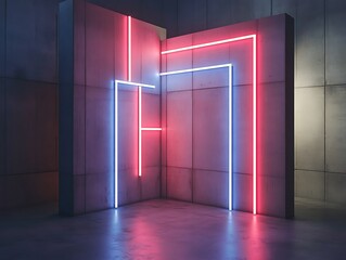 Abstract Neon Lights Illuminate Geometric Concrete Structure