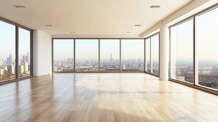 Obraz premium Spacious contemporary interior with large windows showcasing a panoramic city skyline and a bright, airy atmosphere ideal for modern living or office spaces