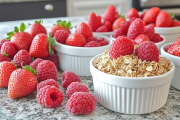Fresh raspberries and strawberries in bowls. A healthy and delicious breakfast parfait.