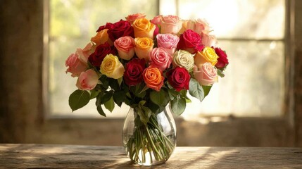 A bouquet of fresh roses in various colors, beautifully arranged in a glass vase on a wooden table, with soft natural light streaming in from a nearby window.