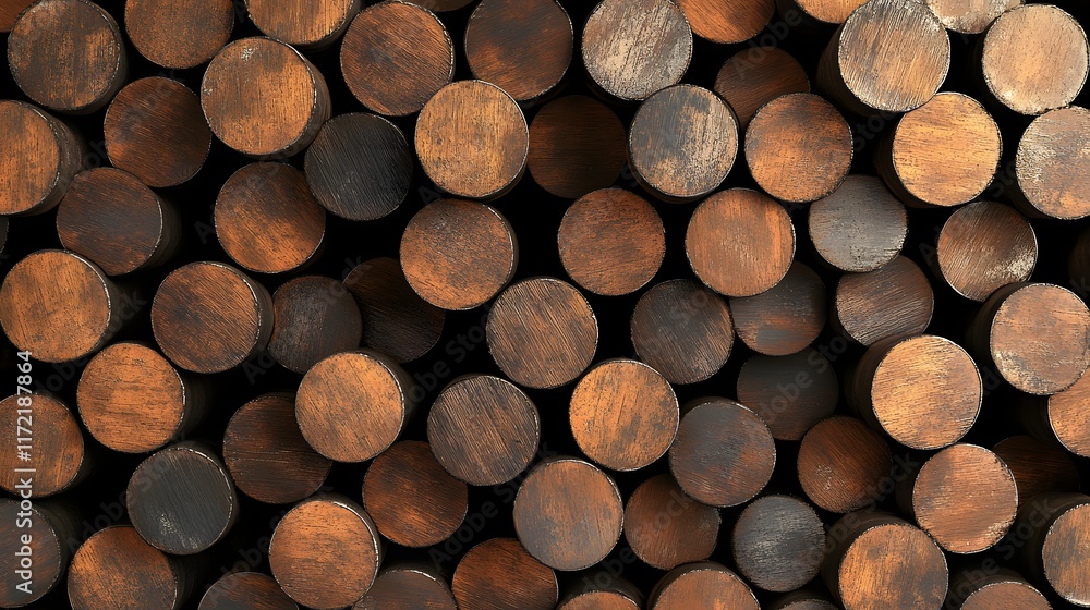 Poster close-up view of stacked wooden cylinders displaying natural warm tones and grain patterns, perfect 