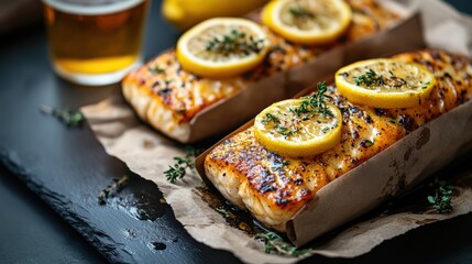 Grilled Salmon Fillets Topped with Fresh Lemon Slices and Thyme Served on Rustic Brown Paper with a Glass of Beer in the Background