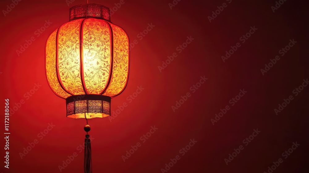 Poster a glowing red lantern with intricate patterns hanging against a soft red gradient background, symbol