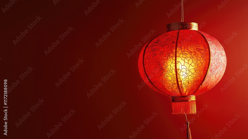 Poster a glowing red lantern with intricate patterns hanging against a soft red gradient background, symbol