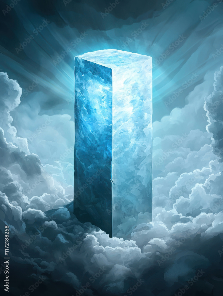 Poster mystical floating tower of translucent crystal in ethereal clouds