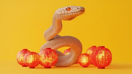 Fototapeta premium A Beige Snake Coiled Among Glowing Red Lanterns