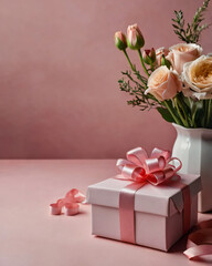 Obraz premium Gifts with ribbons and flowers on a plain background.