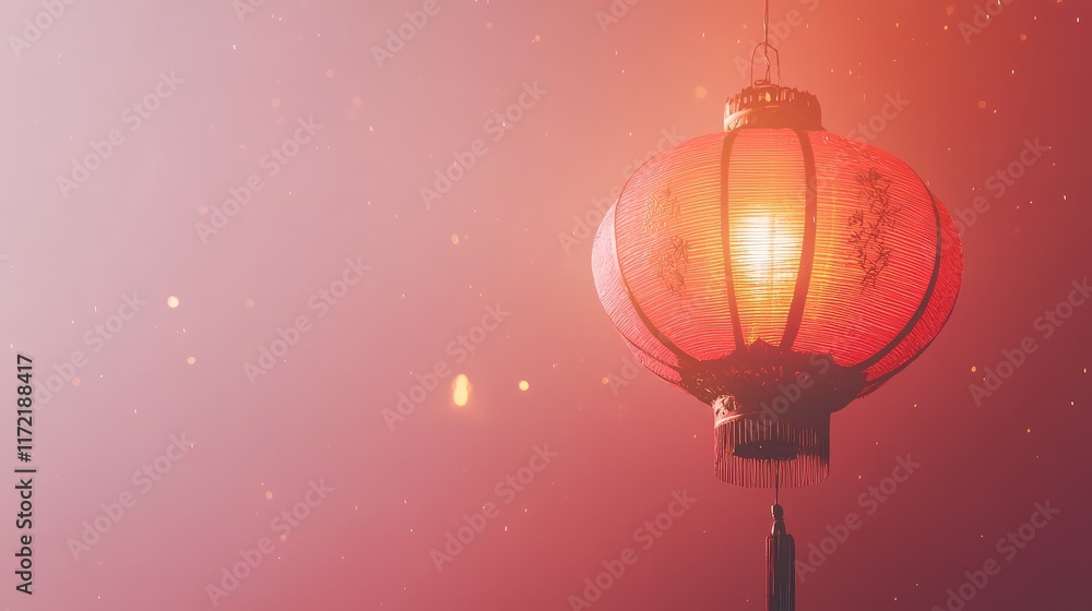 Poster a glowing traditional chinese lantern floating against a soft red and gold gradient background, crea