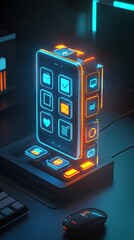 A futuristic smartphone dock with glowing icons and a sleek design for tech enthusiasts.