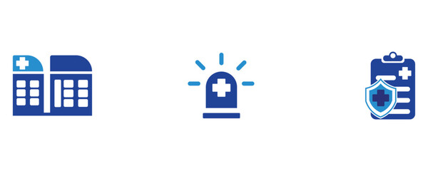 Hospital, Emergency, Insurance icon vector set in dark blue color isolated white background.