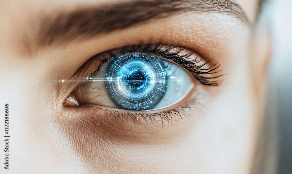 Poster a close-up of a futuristic eye with a digital interface and glowing elements.