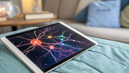 Digital tablet displaying neural network graphics on cozy couch