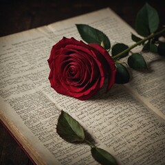 A red rose laying across the title of a romantic novel.