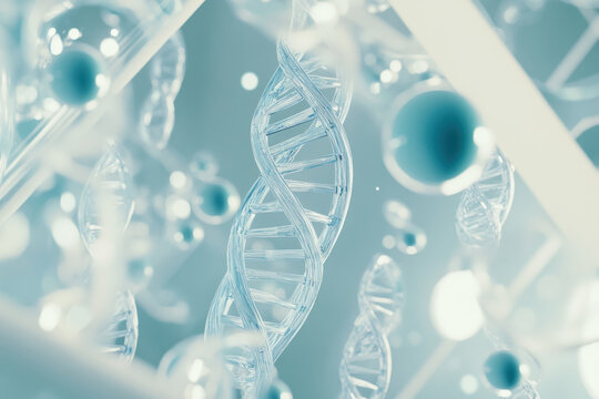Blue and white DNA strands intertwined on a dark background, symbolizing genetic research and science advancement.