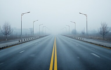 Fototapeta premium Foggy highway vanishing point, urban landscape, atmospheric perspective, travel photography.