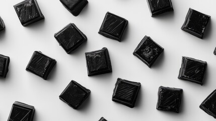 A minimalist arrangement of dark chocolate squares on a light gray background, with room for text.