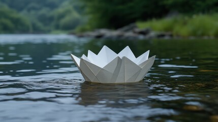 Elegant Origami Paper Boat Floating Gently on Calm River Water Surrounded by Lush Greenery and Soft Natural Light in a Peaceful Outdoor Setting