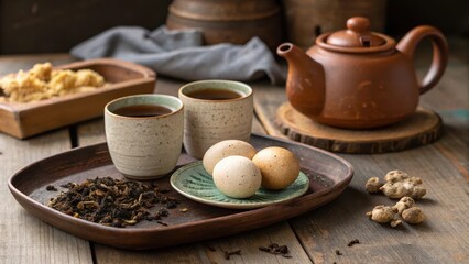 Fototapeta premium Rustic Tea Session with Alishan Tea, Eggs, and Traditional Teapot