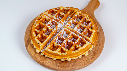 Delicious Belgian waffles displayed on a light background.
