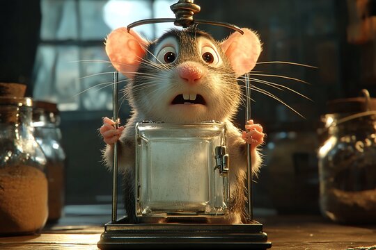 Animated frightened mouse trapped in a glass container.
