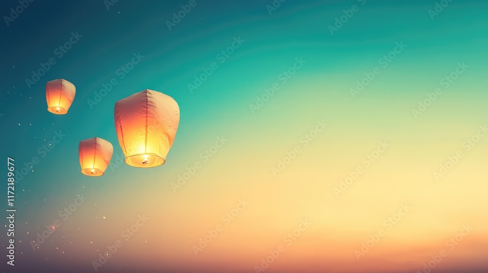 Poster a minimalist view of glowing chinese lanterns floating against a clear twilight sky, creating a fest