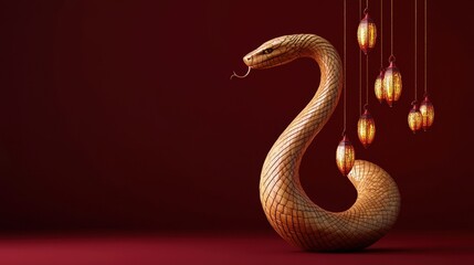 Obraz premium Wooden Snake Sculpture with Hanging Lanterns