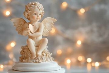 A charming cupid statue cradles a heart, embodying love's essence, perfect for a romantic Valentine's Day celebration.