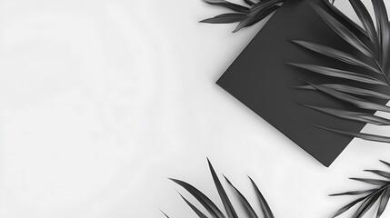 Black Square Box and Dark Tropical Leaves on White Background