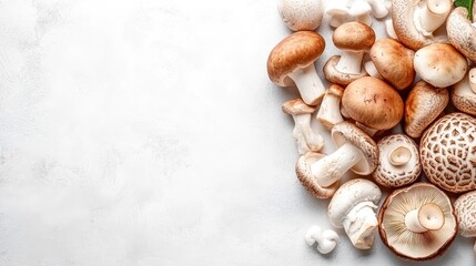A minimalist view of fresh mushrooms, including shiitake and oyster varieties, on a light background, showcasing their medicinal uses, with copy space.