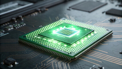 High tech microprocessor with glowing green lights on circuit board