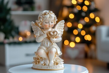 Fototapeta premium A delicate angel statue cradles a violin, evoking romance and harmony, perfect for celebrating love on Valentine's Day.