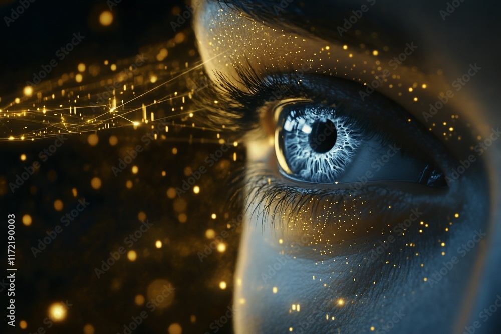Poster a close-up of an eye with glowing particles, symbolizing vision and technology.