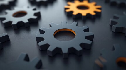 A Close-Up View of Black and Orange Gears on a Dark Surface, Symbolizing Mechanism, Engineering, and Industrial Design Concepts in a Modern Setting