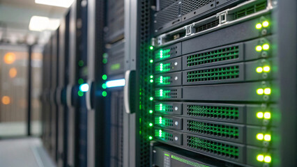 High tech server racks with glowing lights in data center environment