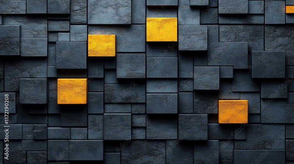 Aufkleber abstract geometric wall with dark textured blocks and vibrant yellow squares creating a captivating 