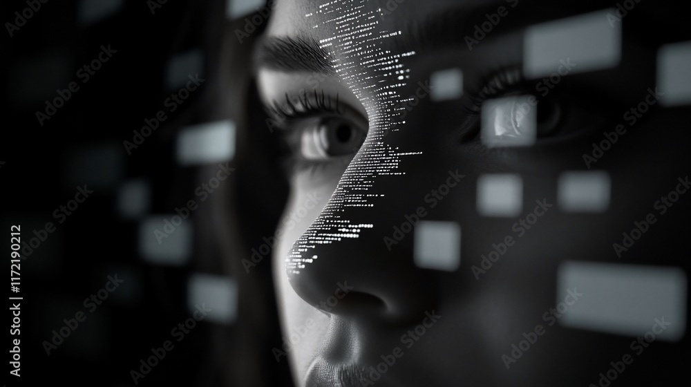 Aufkleber digital persona: a close-up of a woman's face overlaid with binary code