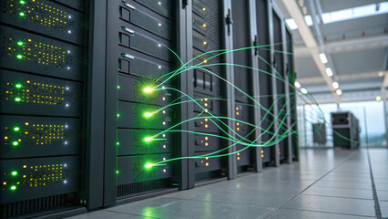 High tech server room with glowing connections and data flow