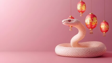 Fototapeta premium Pink Snake Coiled with Red Chinese Lanterns