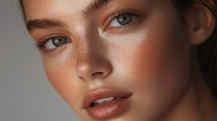 The image showcases a close-up of a female model's face with flawless, radiant skin.