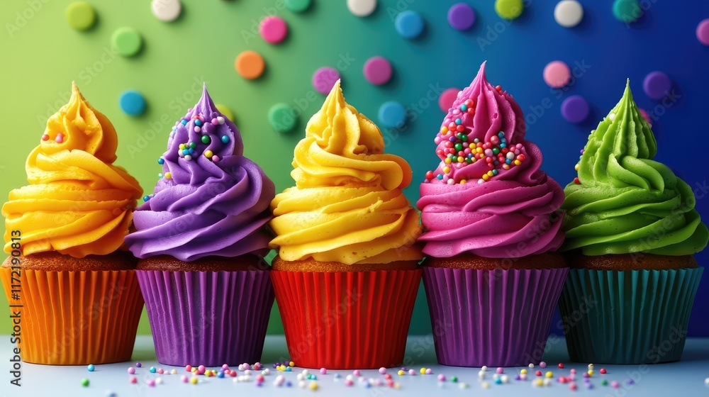 Poster a row of colorful cupcakes with frosting and sprinkles, placed on a pastel-colored surface.