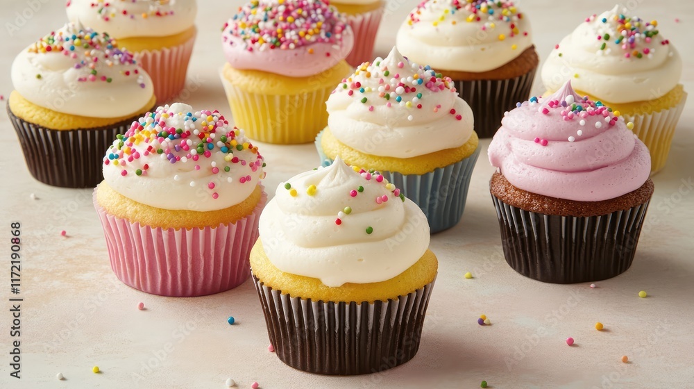 Poster a row of colorful cupcakes with frosting and sprinkles, placed on a pastel-colored surface.