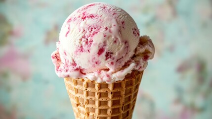 A scoop of ice cream in a waffle cone, placed on a pastel-colored background with copy space.